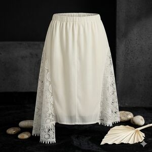 White Crochet Lace Midi Skirt Side Slits XL